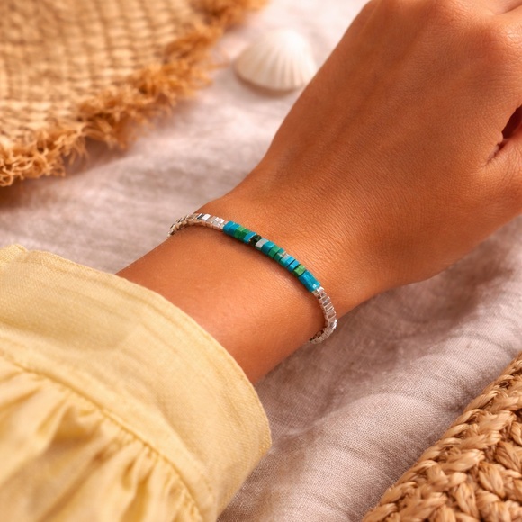 Jewelry - 925 Sterling Silver Beaded bracelet, Blue Green Minimalist Bracelet.